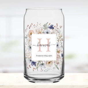 Elegante Monogram Mooie Beige Blauwe Bloemen Bloem Blikvorm Glas