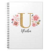 Elegante Monogram Naam Bloemen Wit Roze Script Notitieboek (Voorkant)