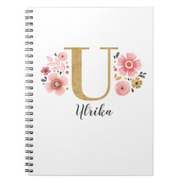 Elegante Monogram Naam Bloemen Wit Roze Script Notitieboek