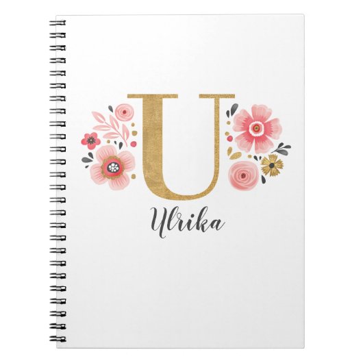 Elegante Monogram Naam Bloemen Wit Roze Script Notitieboek (Voorkant)