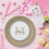 Elegante Monogram Naam Land Chique Stijl Burlap Papieren Bordje (Feest)