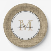 Elegante Monogram Naam Land Chique Stijl Burlap Papieren Bordje (Voorkant)