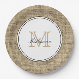 Elegante Monogram Naam Land Chique Stijl Burlap Papieren Bordje