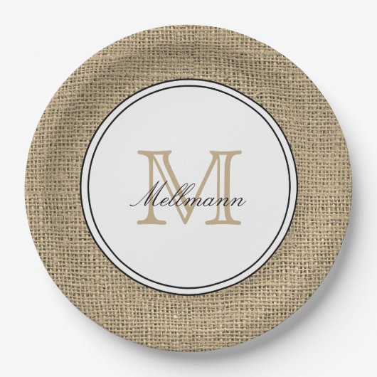 Elegante Monogram Naam Land Chique Stijl Burlap Papieren Bordje (Voorkant)