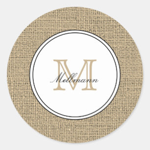 Elegante Monogram Naam Landelijke Stijl Jute Ronde Sticker