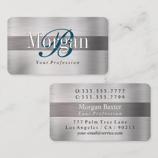 Elegante Monogram Naam, LT & DK Geborsteld Zilver  Visitekaartje (Voorkant / Achterkant)