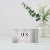 Elegante monogram & naam, QR-code, geborsteld zilv Visitekaartje (Staand voorkant)