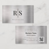 Elegante monogram & naam, QR-code, geborsteld zilv Visitekaartje (Voorkant / Achterkant)