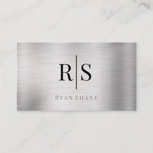 Elegante monogram & naam, QR-code, geborsteld zilv Visitekaartje (Voorkant)