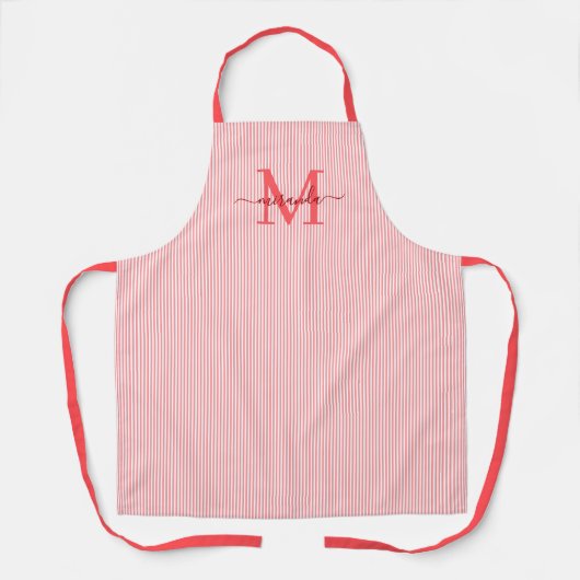 Elegante Monogram Naam Rode Streep Schort (Voorkant)