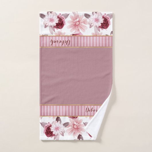 Elegante Monogram Naam Roze Bourgogne Bloemen Stre Bad Handdoek (Handdoek)
