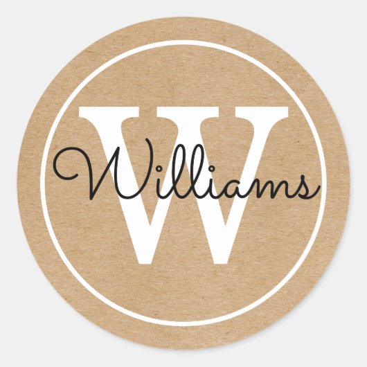 Elegante Monogram Naam Rustiek Kraft Ronde Sticker (Voorkant)