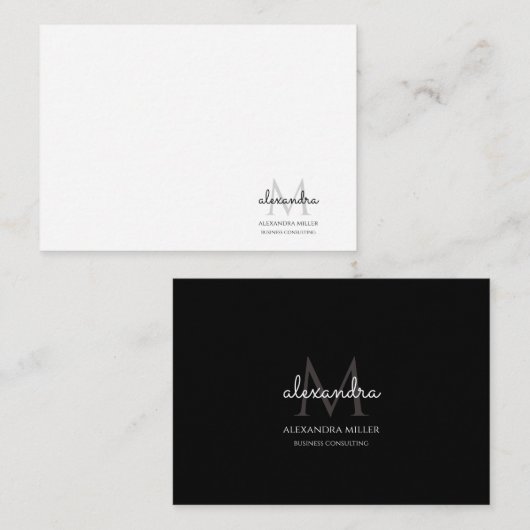 Elegante Monogram Naam Zwart-Wit Notitiekaartje (Voorkant / Achterkant)
