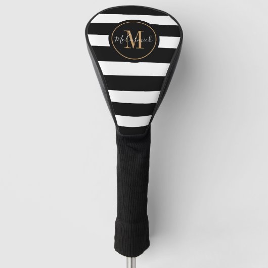 Elegante Monogram Naam Zwart-witte Strepen Golfheadcover (Voorkant)