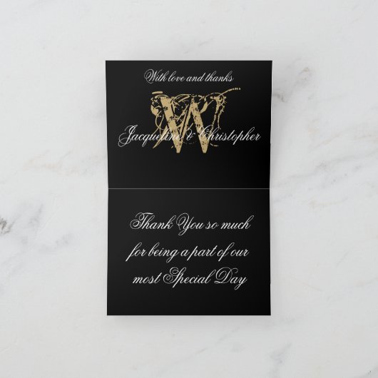 Elegante Monogram Namen Zwart Gouden Trouwkaart Vo Bedankkaart (Binnen)