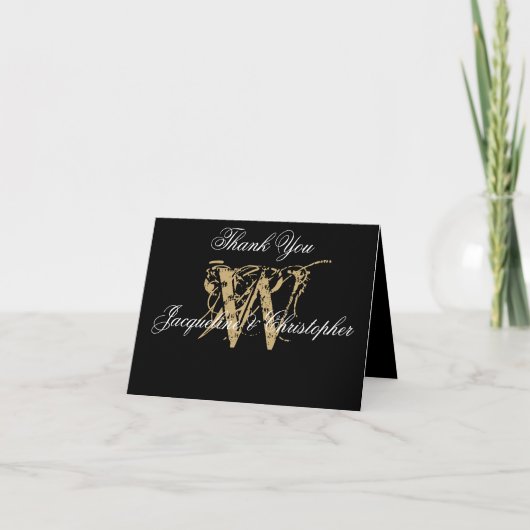 Elegante Monogram Namen Zwart Gouden Trouwkaart Vo Bedankkaart (Voorkant)