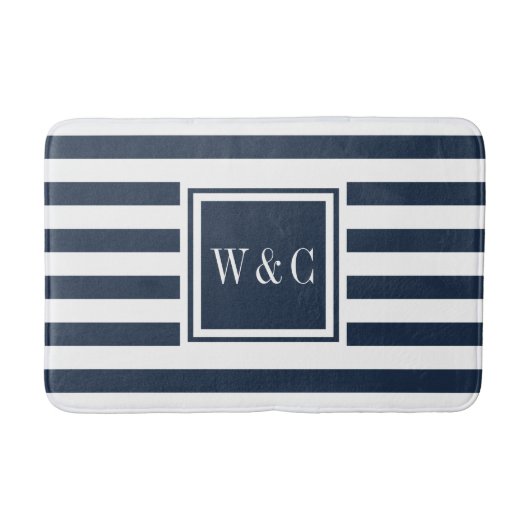 Elegante Monogram Navy Blauwe Witte Streep Badmat (Voorkant)
