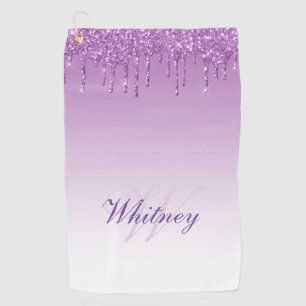 elegante monogram paarse glitterdruppels golfhanddoek