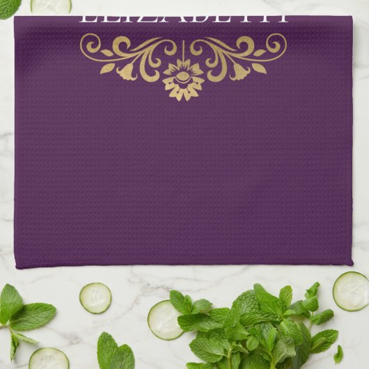 Elegante Monogram Paarse Gouden Keuken Handdoek (Gevouwen)