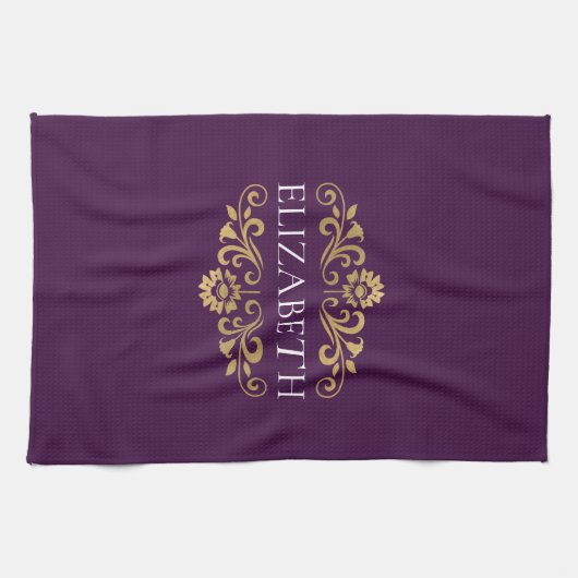 Elegante Monogram Paarse Gouden Keuken Handdoek (Horizontaal)