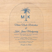 Elegante Monogram Palmbomen Formele Strand Bruilof Acryl Uitnodigingen (Voorkant)