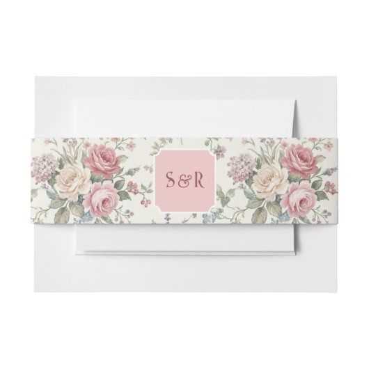 Elegante Monogram Pastelrozen Shabby Chic Bruiloft Uitnodigingen Wikkel (Voorkant Voorbeeld)