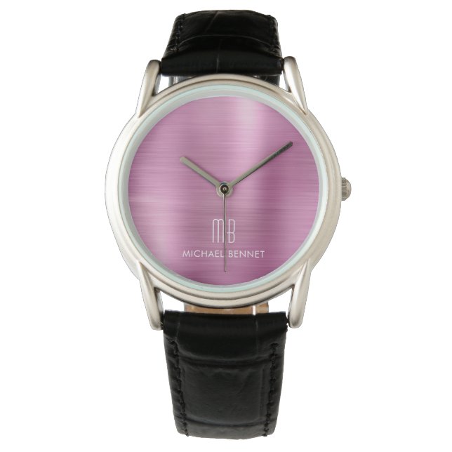 Elegante Monogram Pink Geborsteld Metaal Horloge (Voorkant)
