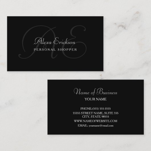 Elegante Monogram Plain Zwart en Wit Naam Visitekaartje (Voorkant / Achterkant)