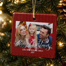 Elegante Monogram Prettig Kerstmis Familie Foto Keramisch Ornament