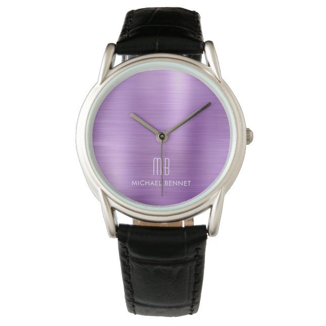 Elegante Monogram Purple Geborsteld Metaal Horloge (Voorkant)