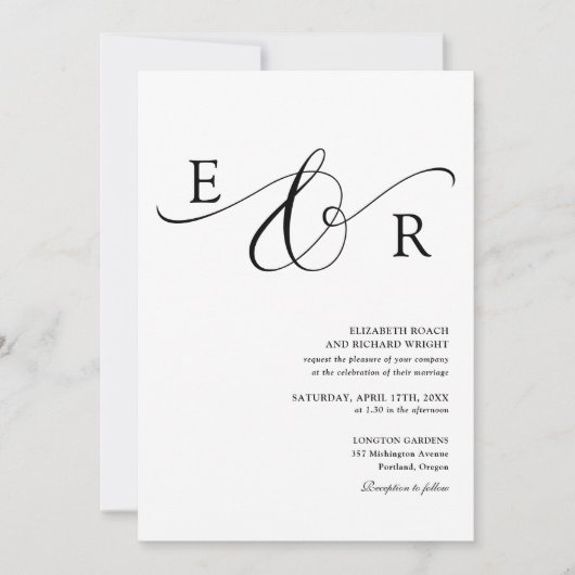 Elegante Monogram QR Code Zwart-Wit Bruiloft Kaart (Voorkant)