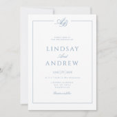 Elegante Monogram Rand Wit Blau Huwelijk Kaart (Voorkant)