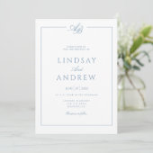 Elegante Monogram Rand Wit Blau Huwelijk Kaart (Staand voorkant)