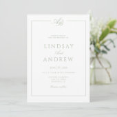 Elegante Monogram Rand Wit Groen Huwelijk Kaart (Staand voorkant)
