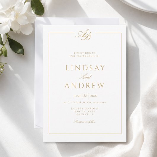 Elegante Monogram Rand Witte Trouwdag Kaart