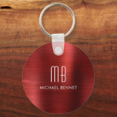 Elegante Monogram Rode Nep Geborsteld Metalen Sleu Sleutelhanger (Voorkant)