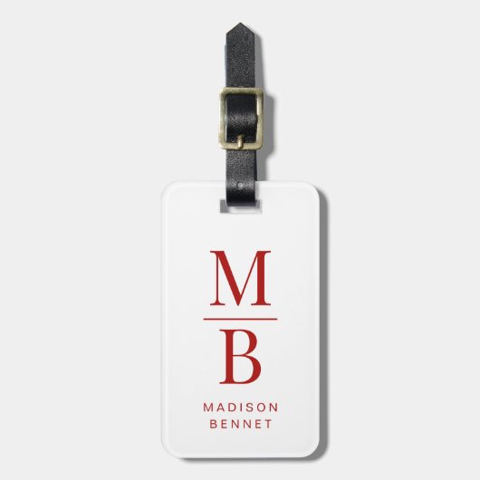 Elegante monogram rood en wit bagagelabel (Voorkant verticaal)