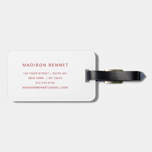 Elegante monogram rood en wit bagagelabel (Achterkant horizontaal)