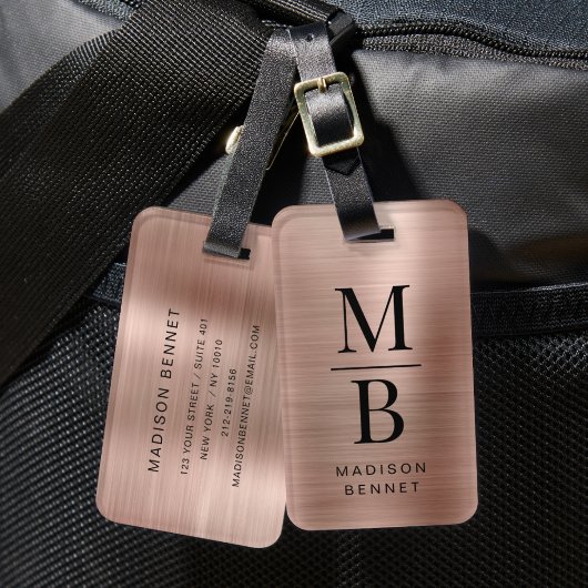Elegante Monogram Rose Goud Geborsteld Metaal Bagagelabel