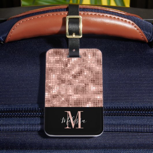 Elegante Monogram Rose Goud Paillette Bagagelabel (Voorkant Insitu 2)