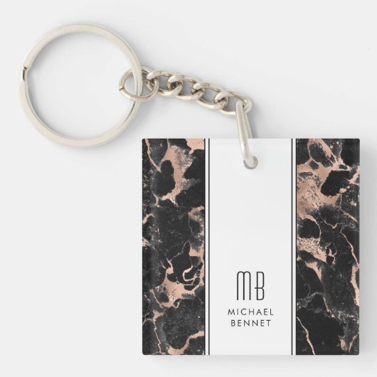 Elegante Monogram Rose Goud Zwarte Marmer Sleutelhanger (Voorkant)