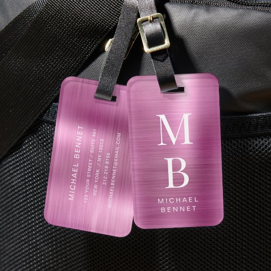 Elegante Monogram Roze Bagagelabel