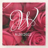 Elegante Monogram Roze Rozen Bloem Glas Onderzette Glazen Onderzetter (Voorkant)
