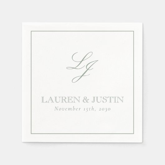Elegante Monogram Sage Green Eenvoudig Script Wedd Servet (Voorkant)