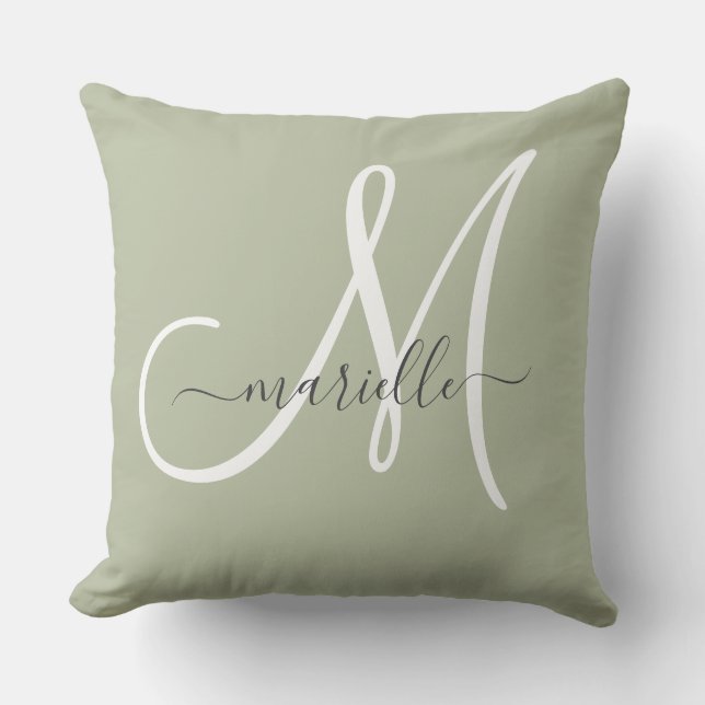 Elegante Monogram Sage Groene Worpkussen Kussen (Voorkant)