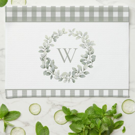 Elegante Monogram Sage Witte Plaid Theedoek (Gevouwen)