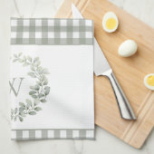 Elegante Monogram Sage Witte Plaid Theedoek (Quarter Fold)