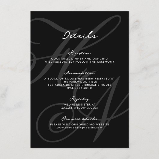 Elegante Monogram Script bruiloft details Informatiekaartje (Voorkant)