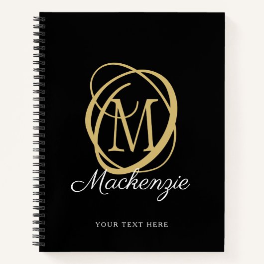 Elegante Monogram Script Naam Black Gold Notitieboek (Voorkant)