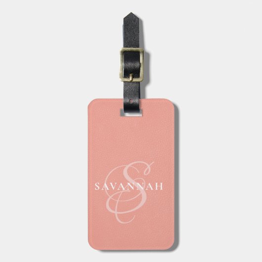 Elegante Monogram Script Roze Roze Leder Bagagelabel (Voorkant verticaal)